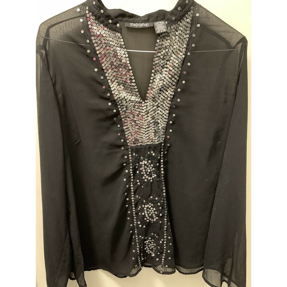 The In Shop Womens Black Top- Xl-Sleeve Sequined Blouse